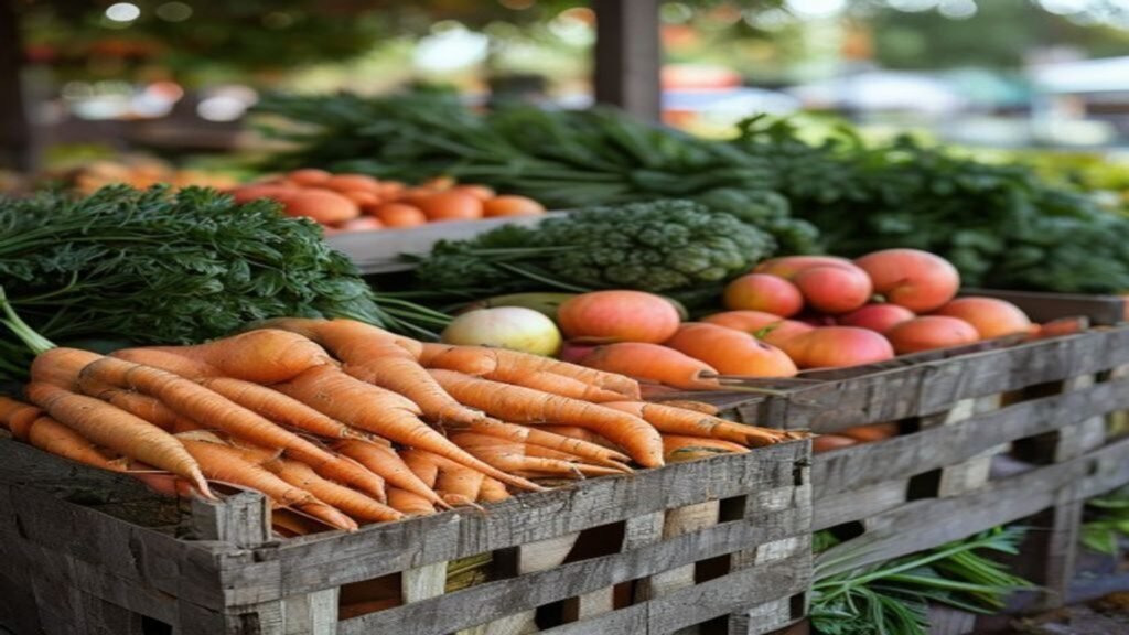 Wooden crates of freshly harvested British vegetables including carrots leeks and cabbage at an outdoor farmers market stall
