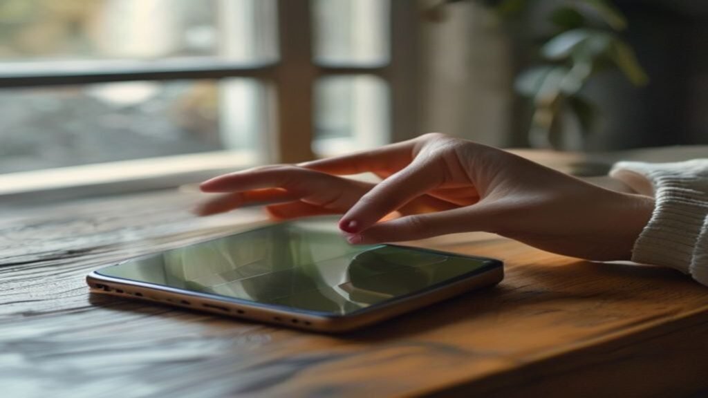 Two hands examining the screen and back of a used smartphone on a table