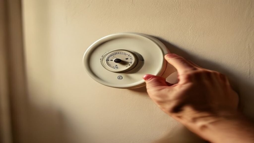 A hand adjusting a domestic thermostat dial on a wall in a British home