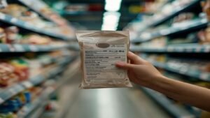 Close-up of date labels and nutrition information printed on food packaging in a British supermarket