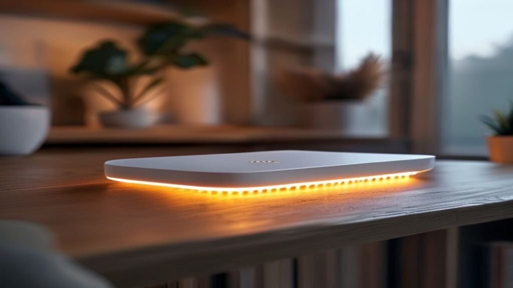 Close up of a domestic broadband router with status lights glowing on a shelf in a British living room
