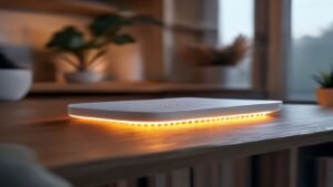 Close up of a domestic broadband router with status lights glowing on a shelf in a British living room