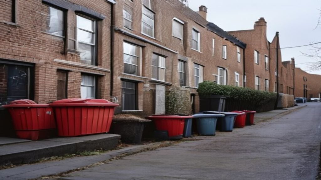 A row of British terraced houses on a residential street with recycling bins outside