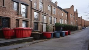 A row of British terraced houses on a residential street with recycling bins outside