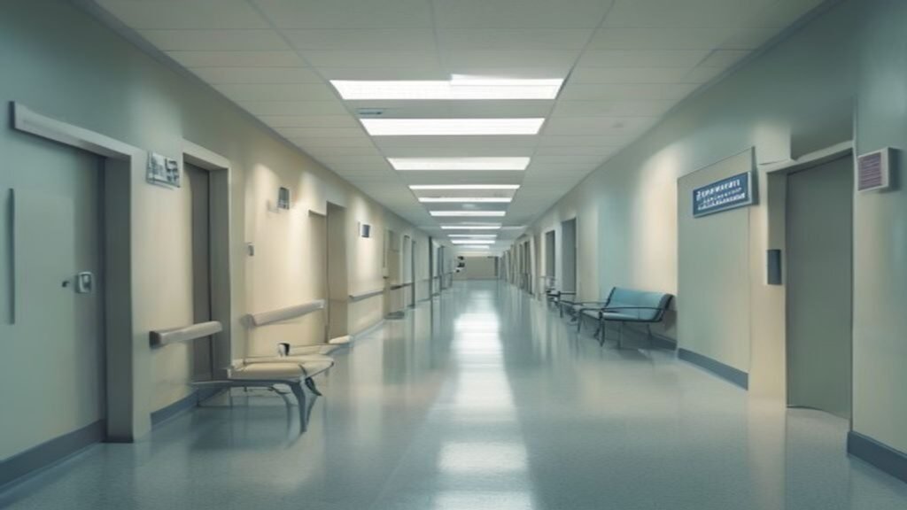 A hospital corridor sign pointing towards outpatients and accident and emergency departments