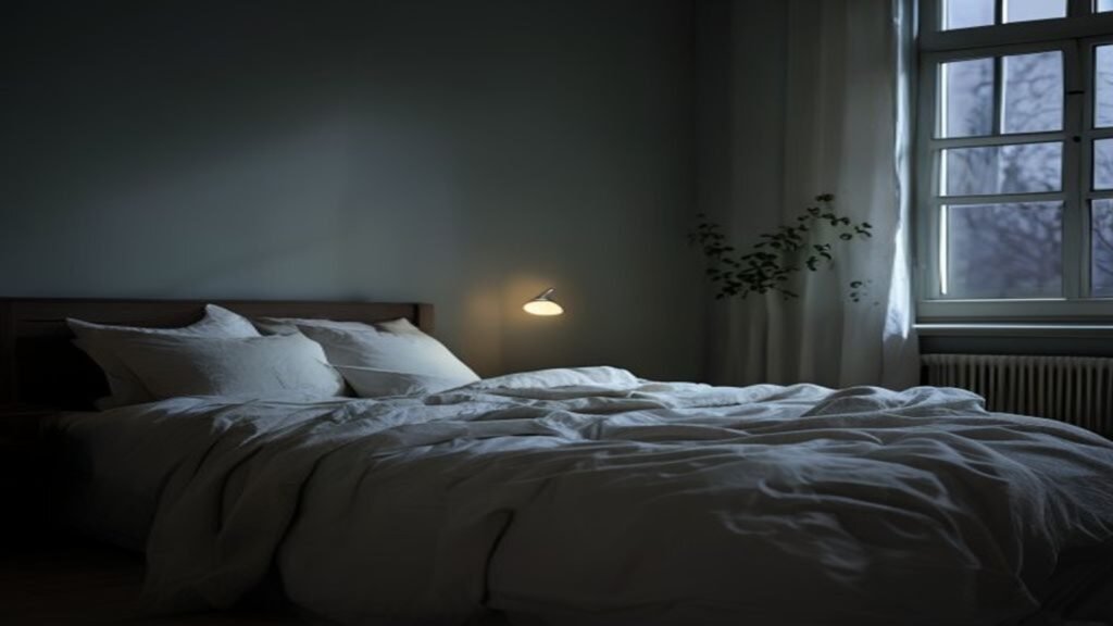 A dim bedroom at night with soft light from a window and an unmade bed