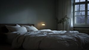 A dim bedroom at night with soft light from a window and an unmade bed
