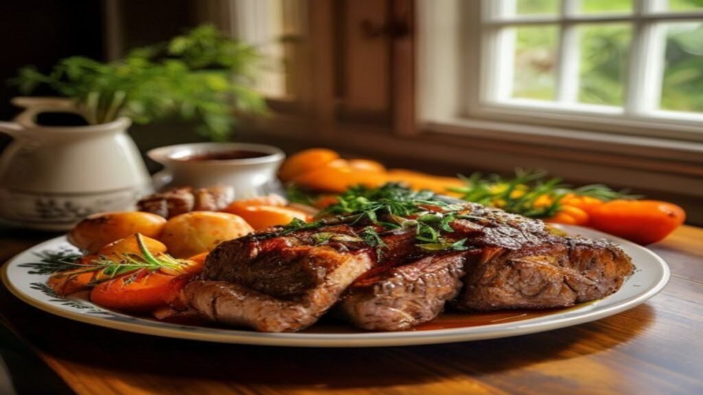 Roast beef dinner with Yorkshire puddings, roast potatoes and vegetables on a table in a British home