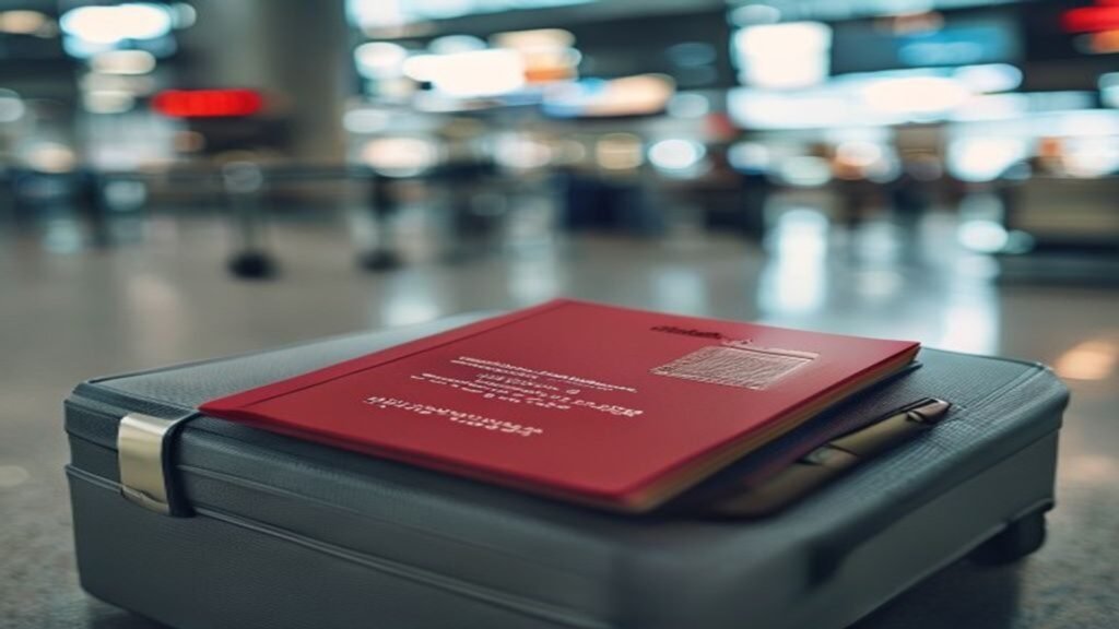 A British passport and boarding pass resting on a suitcase at an airport departure area