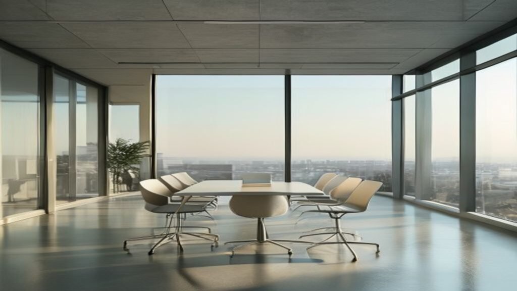 An empty office meeting room with a table and chairs and a window