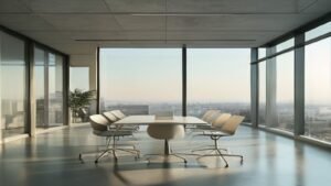 An empty office meeting room with a table and chairs and a window