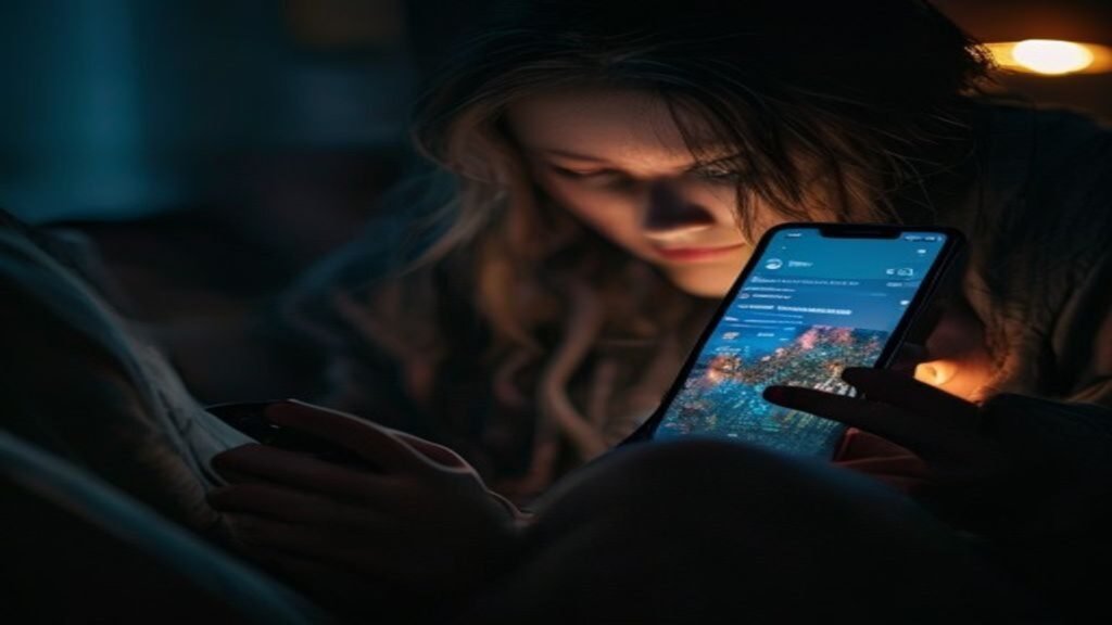 A person holding a smartphone showing a social media feed while sitting in a dim room