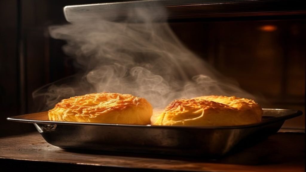 Tall golden Yorkshire puddings rising in a hot metal tin fresh from a domestic oven