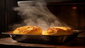Tall golden Yorkshire puddings rising in a hot metal tin fresh from a domestic oven